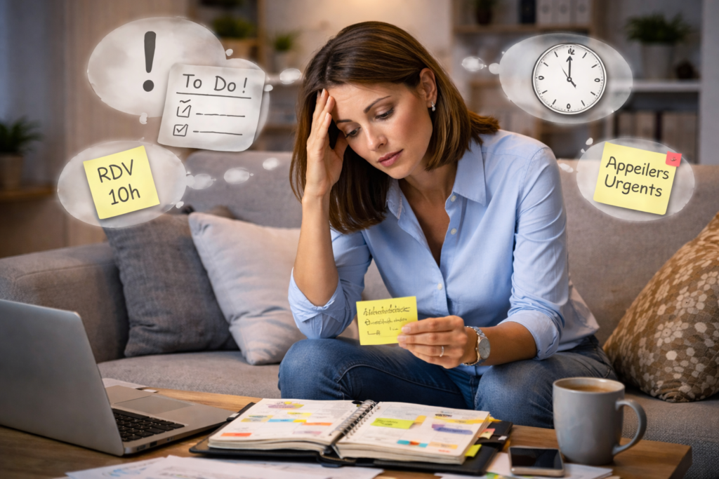 Une femme assise sur son canapé chez ellequi tente de réduire la charge mentale au travail