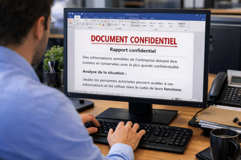 Jeune homme assis à son bureau devant son PC ouvert sur une page Word intitulé DOCUMENT CONDIDENTIEL