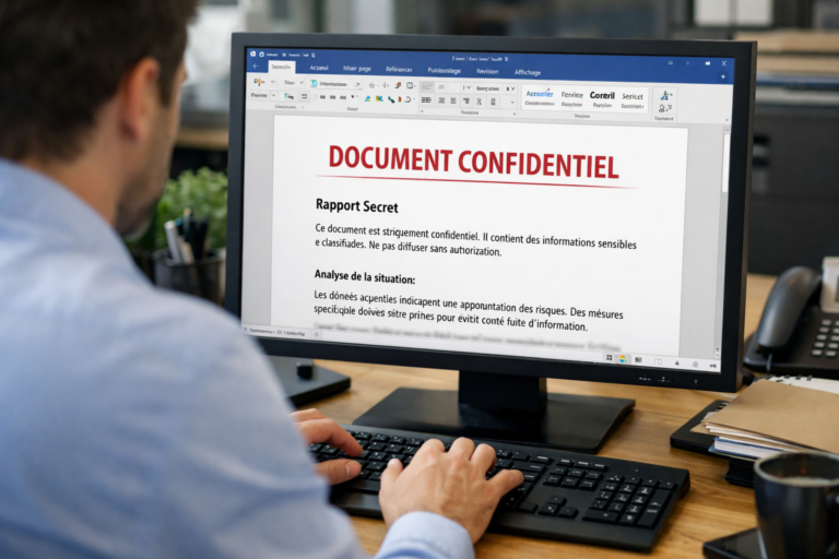 Employé de bureau tapant un document confidentiel sur Microsoft Word affiché à l’écran de son ordinateur